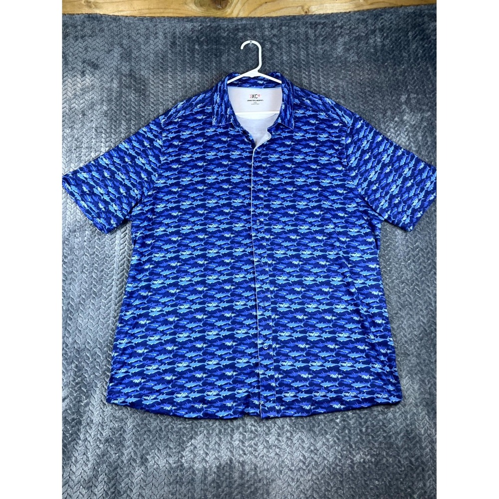 Johnston & Murphy XC4 Shirt Mens 2XL Blue Shark Print Stretch Casual Button Up